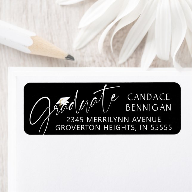 Modern Graduate Script Black White Cap Label (Insitu)