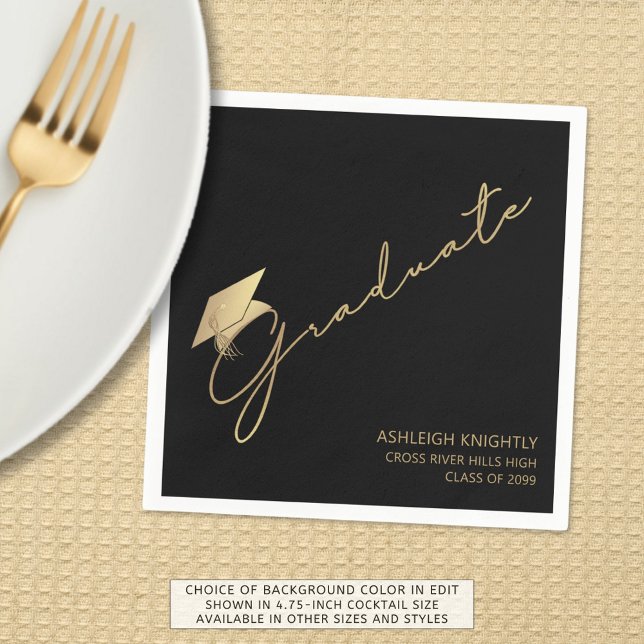 Modern Graduate Script Cap Black Gold  Napkins (Creator Uploaded)