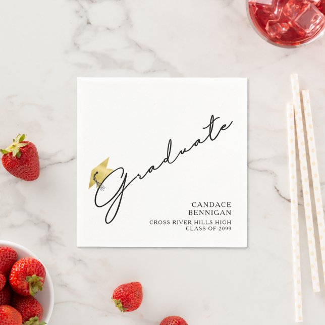 Modern Graduate Script Faux Gold Cap Napkins (Insitu)