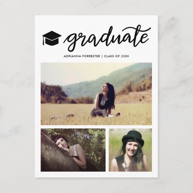Modern Graduate Script Graduation Photo Collage Invitation Postcard (Front)