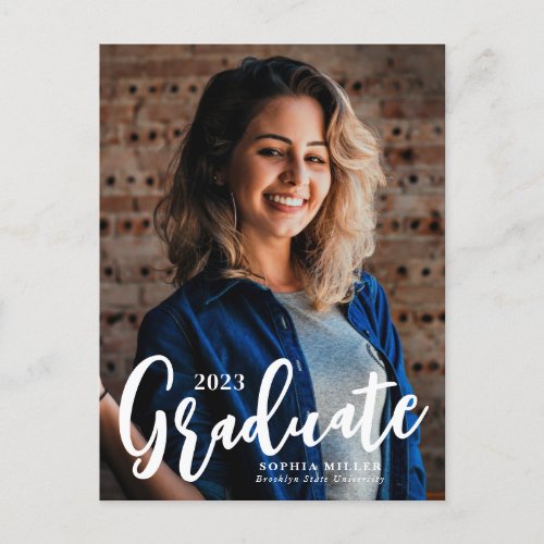 Modern Graduate Script Overlay 2 Photo Graduation  Announcement Postcard