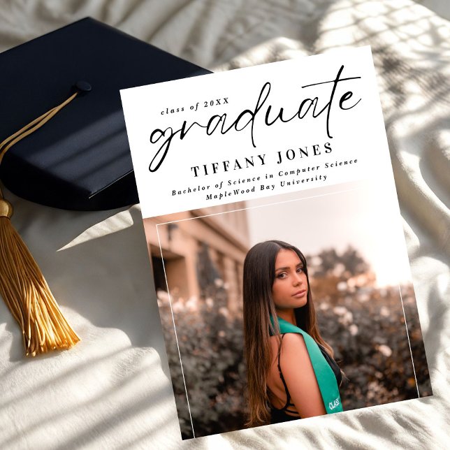 Modern Graduate Script  Photo Graduation Party Announcement (Creator Uploaded)