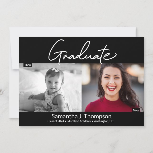Modern Graduate Script Then and Now Grad Photo Announcement (Front)