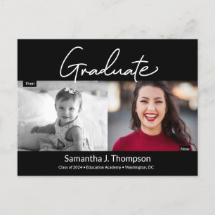 Modern Graduate Script Then and Now Grad Photo Announcement Postcard