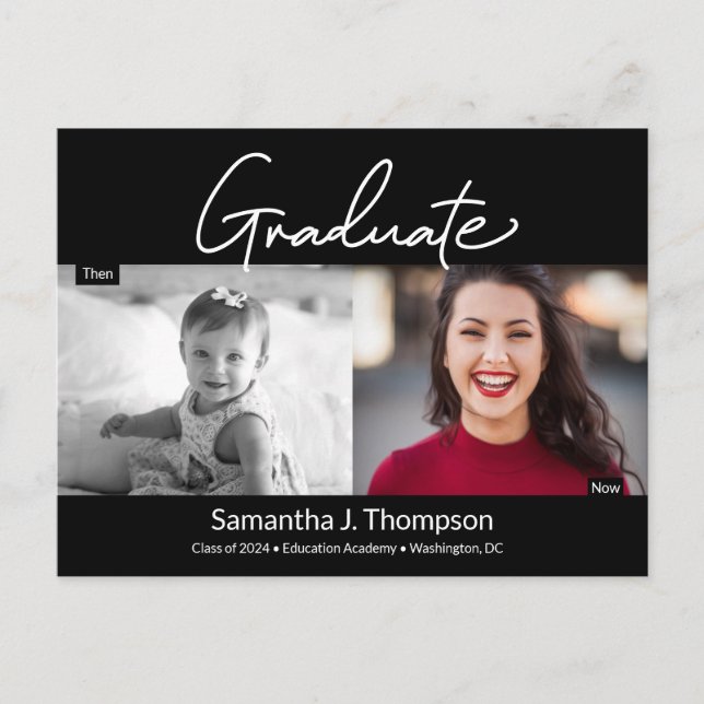 Modern Graduate Script Then and Now Grad Photo Announcement Postcard (Front)