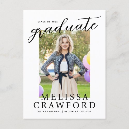 Modern Graduate Script Typography Photo Graduation Announcement Postcard