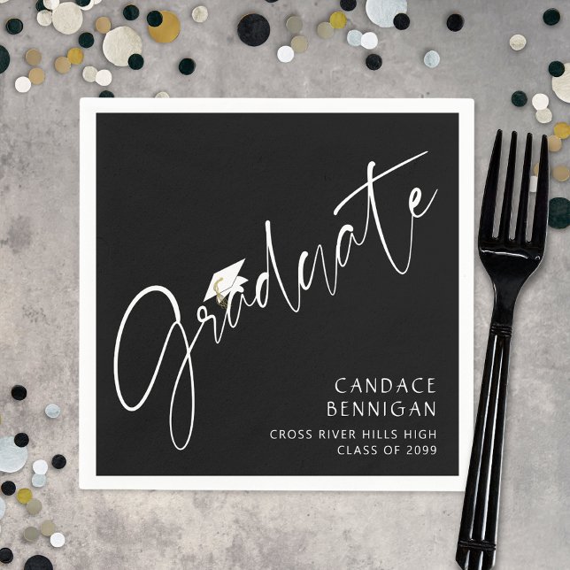 Modern Graduate Script White Cap Black Napkins (Creator Uploaded)