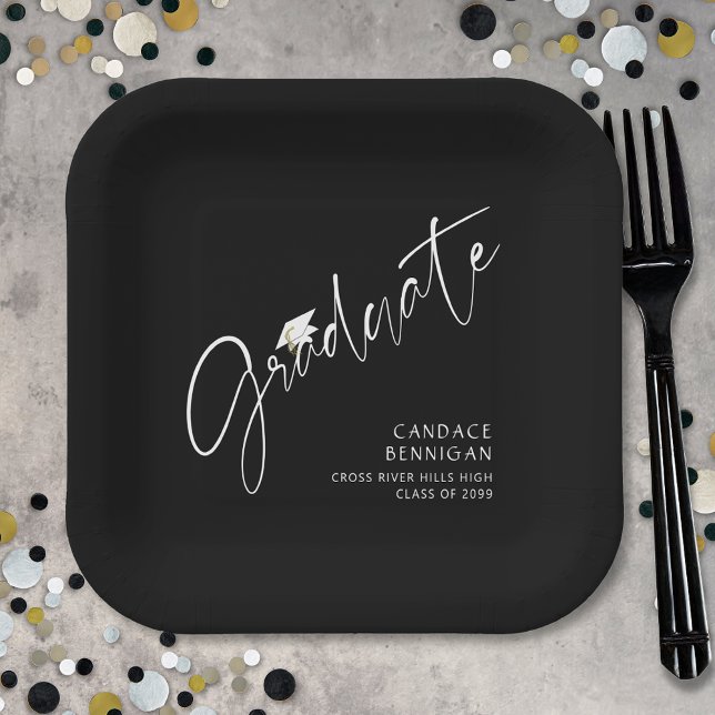 Modern Graduate Script White Cap Black Paper Plates (Creator Uploaded)