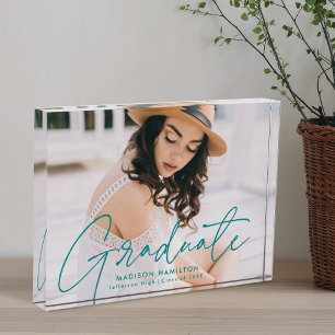 Modern Graduate Teal Script Graduation Photo Block