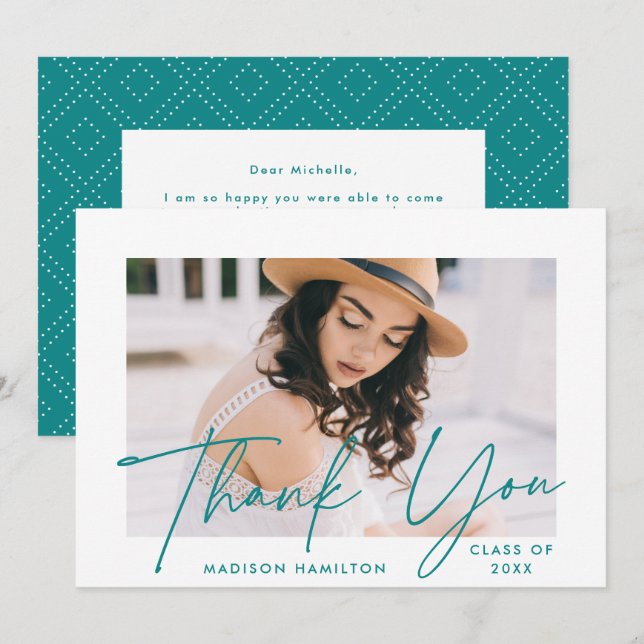 Modern Graduate Teal Script Photo Graduation Thank You Card (Front/Back)
