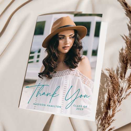 Modern Graduate Teal Script Photo Graduation Thank You Card