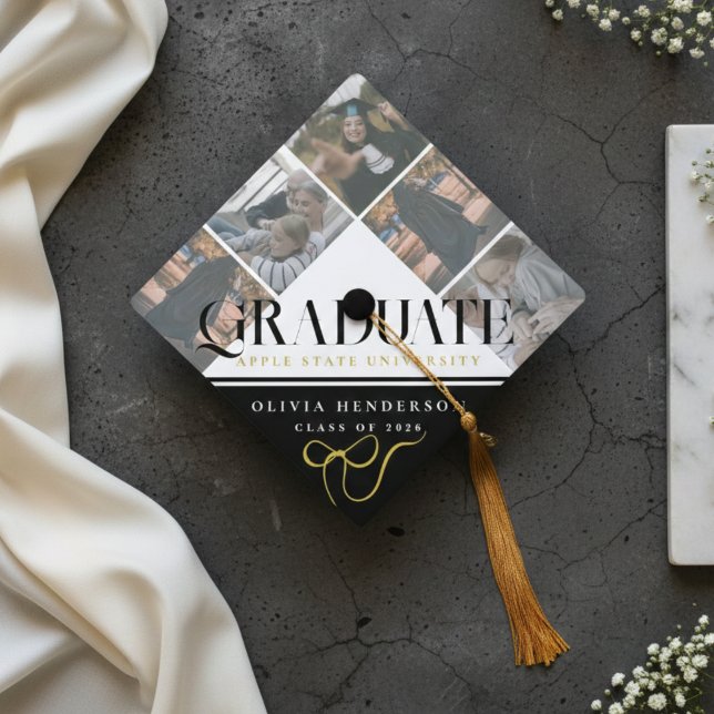 Modern Graduate Typography Bow Five Photo  Graduation Cap Topper (Modern Graduate Typography Bow Five Photo Graduation Cap Topper)