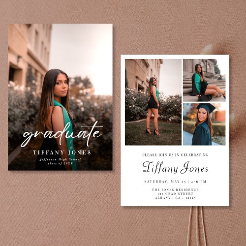 Modern Graduate White Script 2 Photo Graduation   Announcement