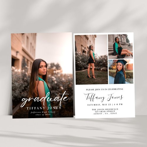 Modern Graduate White Script 2 Photo Graduation   Announcement