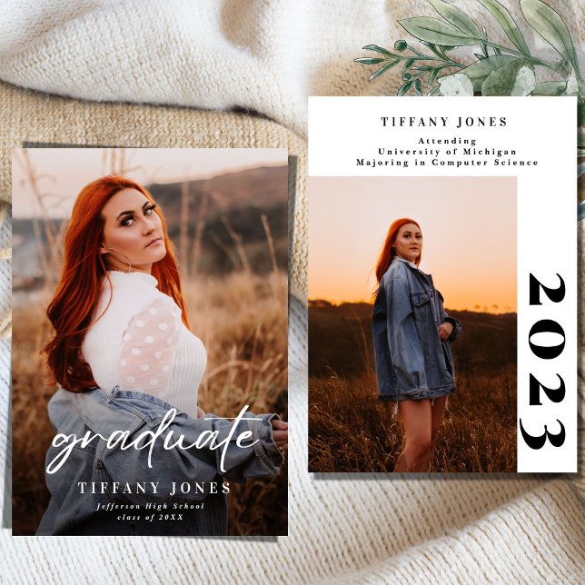 Modern Graduate White Script 2 Photo Graduation   Announcement (Creator Uploaded)