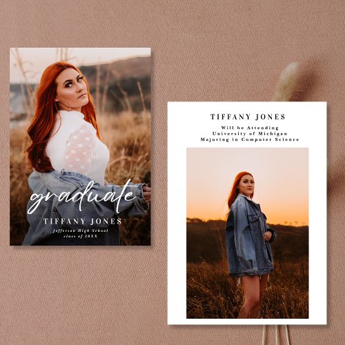 Modern Graduate White Script 2 Photo Graduation   Announcement