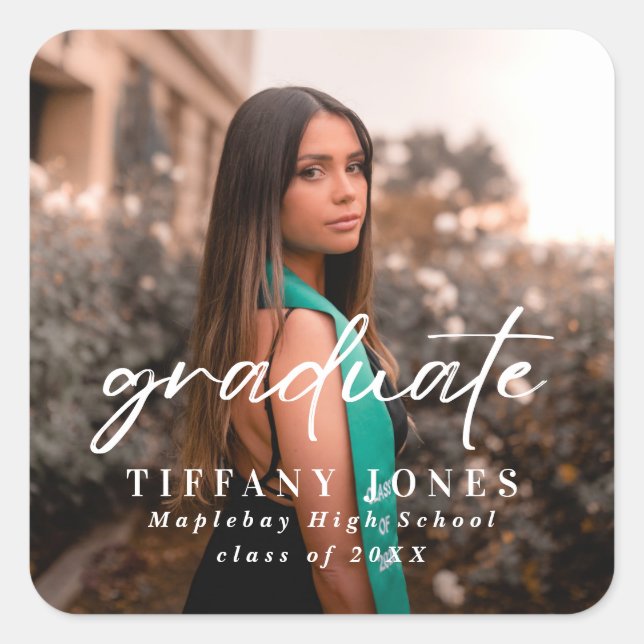 Modern Graduate White Script 2 Photo Graduation   Square Sticker (Front)