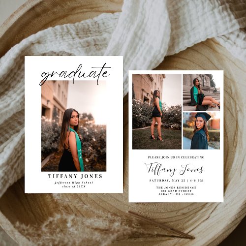 Modern Graduate White Script 4 Photos Graduation Announcement