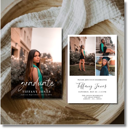 Modern Graduate White Script 4 Photos Graduation   Announcement