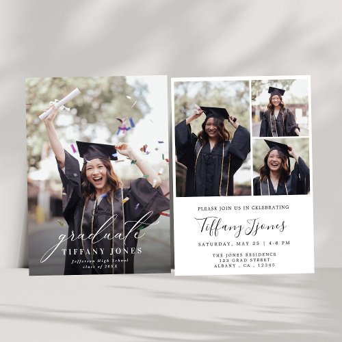 Modern Graduate White Script 4 Photos Graduation   Announcement