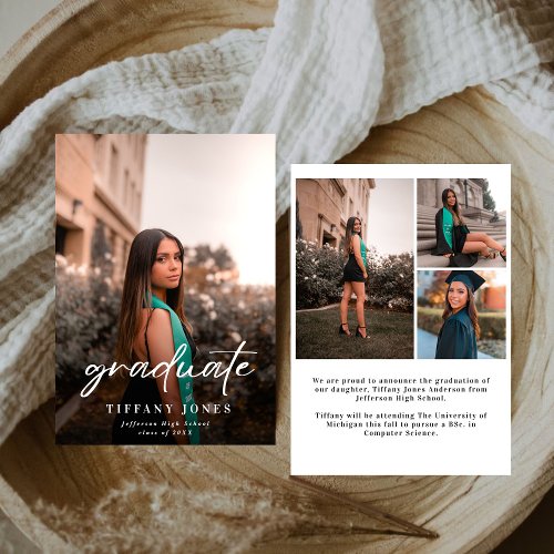 Modern Graduate White Script 4 Photos Graduation   Announcement