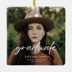 Modern Graduate White Script 4 Photos Graduation Ceramic Ornament