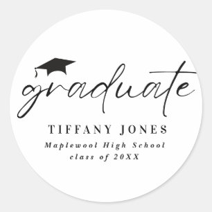 Modern Graduate White Script 4 Photos Graduation   Classic Round Sticker