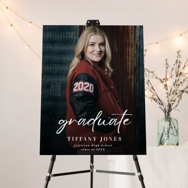 Modern Graduate White Script 4 Photos Graduation Foam Board (In Situ (Stand))