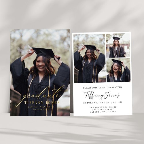 Modern Graduate White Script 4 Photos Graduation   Foil Invitation