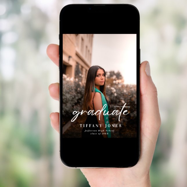 Modern Graduate White Script 4 Photos Graduation   Invitation (Front Digital)