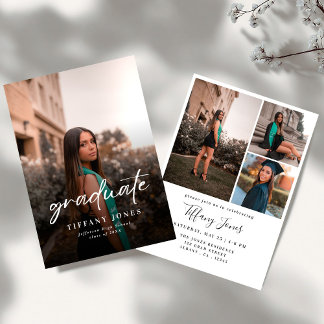 Modern Graduate White Script 4 Photos Graduation   Invitation