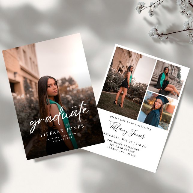 Modern Graduate White Script 4 Photos Graduation   Invitation (Creator Uploaded)