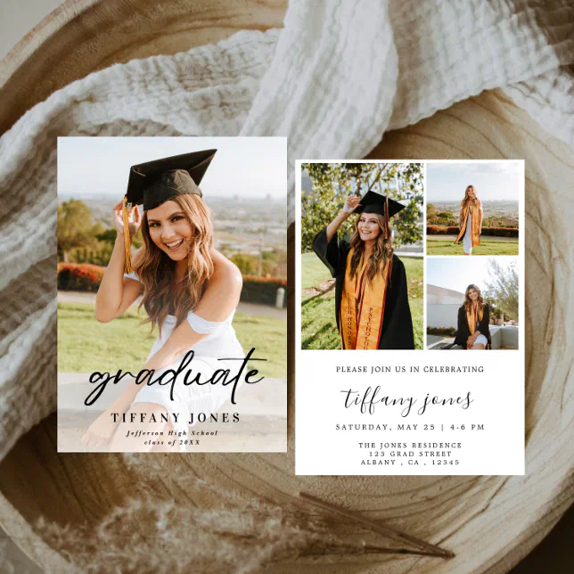 Modern Graduate White Script 4 Photos Graduation Invitation | Zazzle