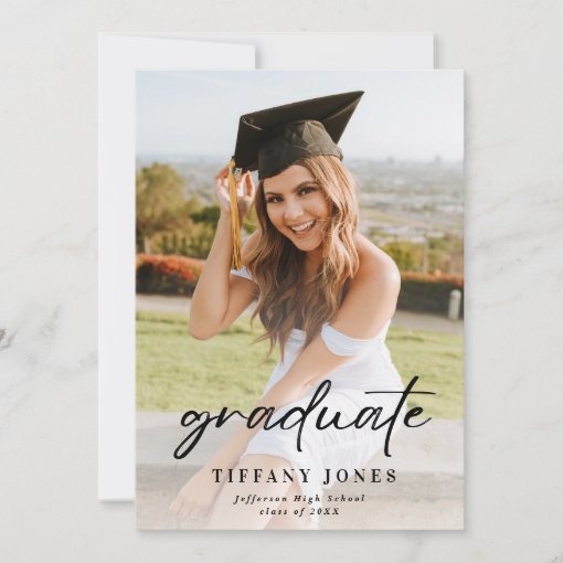 Modern Graduate White Script 4 Photos Graduation Invitation | Zazzle