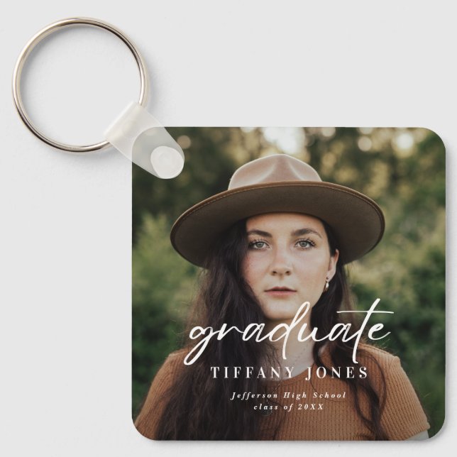 Modern Graduate White Script 4 Photos Graduation   Keychain (Front)