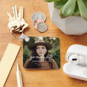 Modern Graduate White Script 4 Photos Graduation   Keychain