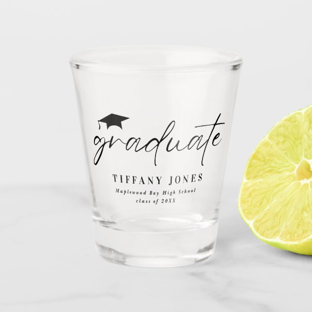 Modern Graduate White Script 4 Photos Graduation   Shot Glass (Front)