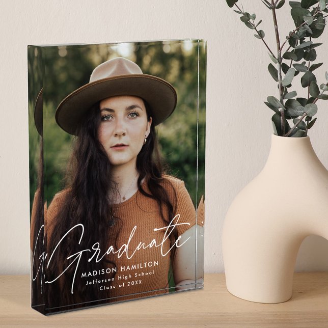 Modern Graduate White Script Graduation Photo Block (Creator Uploaded)