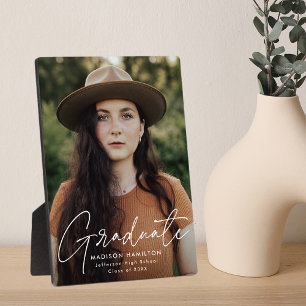 Modern Graduate White Script Graduation Photo Plaque