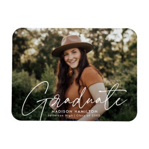 Modern Graduate White Script Photo Graduation Magnet