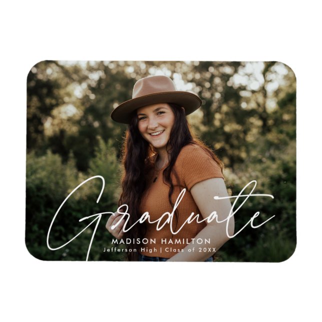 Modern Graduate White Script Photo Graduation Magnet (Horizontal)