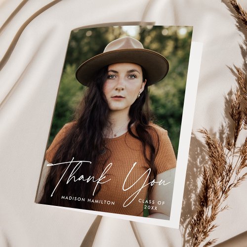 Modern Graduate White Script Photo Graduation Thank You Card