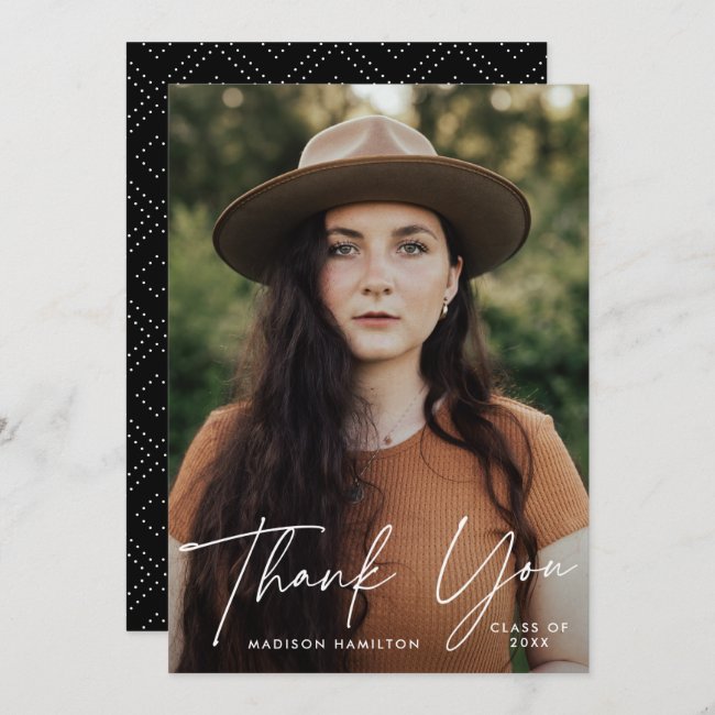 Modern Graduate White Script Photo Graduation Thank You Card