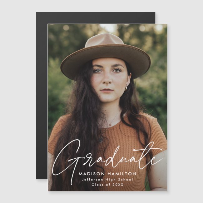 Modern Graduate White Script Photo Magnetic Invitation