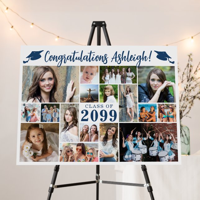 Modern Graduation 17 Photo Collage Blue Custom Foam Board (In Situ (Stand))
