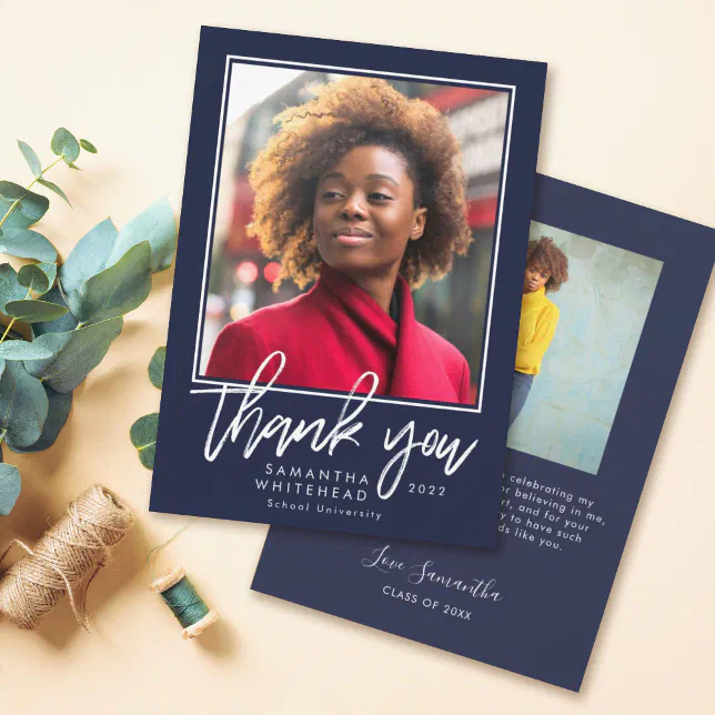 Modern Graduation 2022 Photo Navy Blue Thank You Card | Zazzle