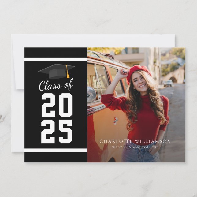 Modern Graduation 2025 Black White Grad Photo Announcement (Front)