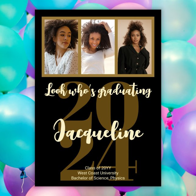 Modern Graduation 2025 Gold Script Photo Collage Invitation (Creator Uploaded)