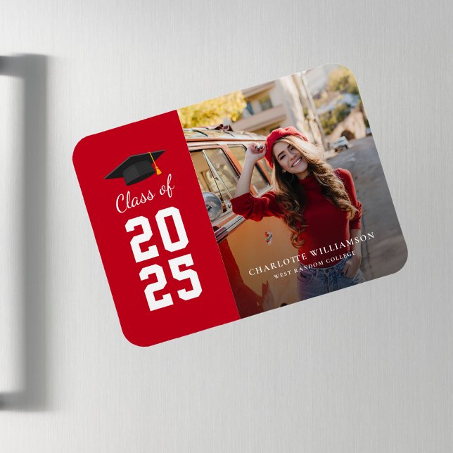 Modern Graduation 2026 Red White Grad Photo Magnet (Graduation 2025 Photo Party Red White Announcement Magnet)