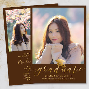 Modern Graduation 2 Photo Gold Script Cap Brown Announcement